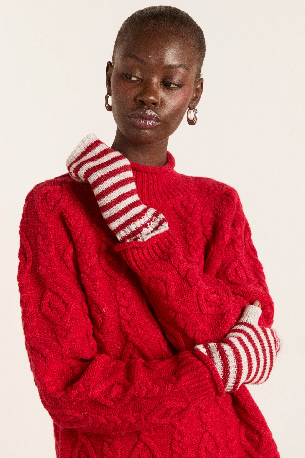 fingerless mittens - red / grey stripe sold by Damson Madder