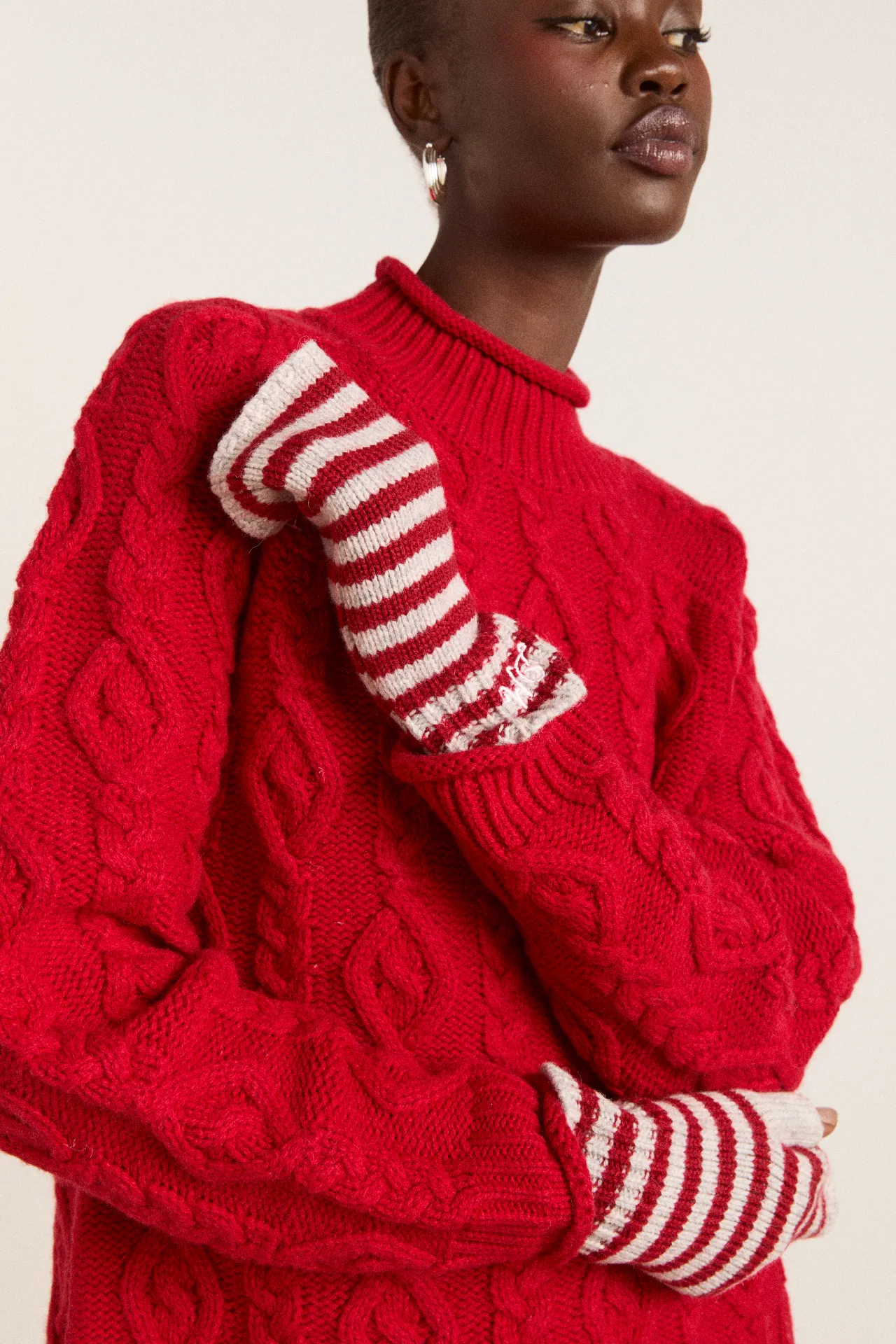 fingerless mittens - red / grey stripe sold by Damson Madder product image thumbnail 4