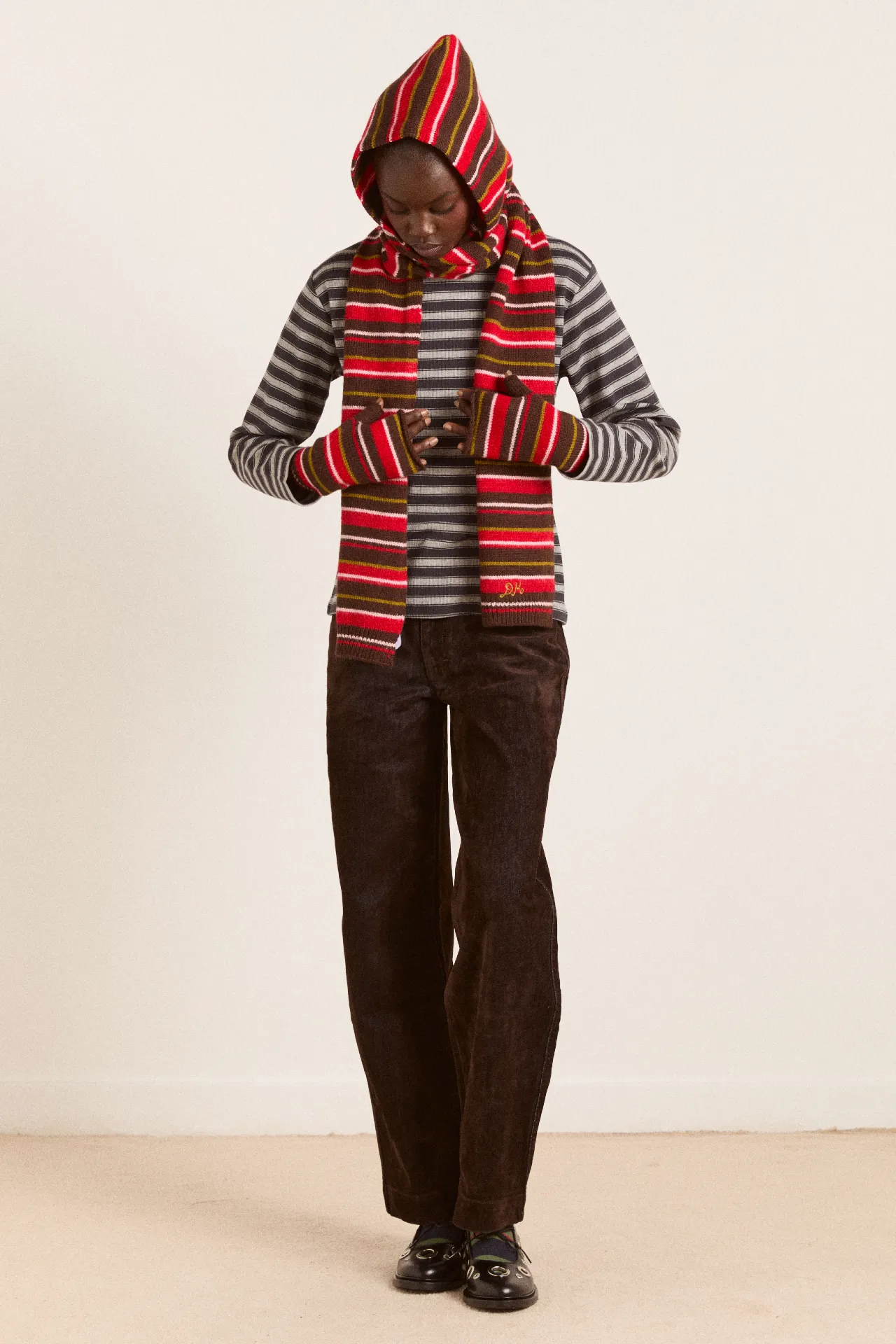 hooded scarf - choc multi stripe sold by Damson Madder product image thumbnail 3