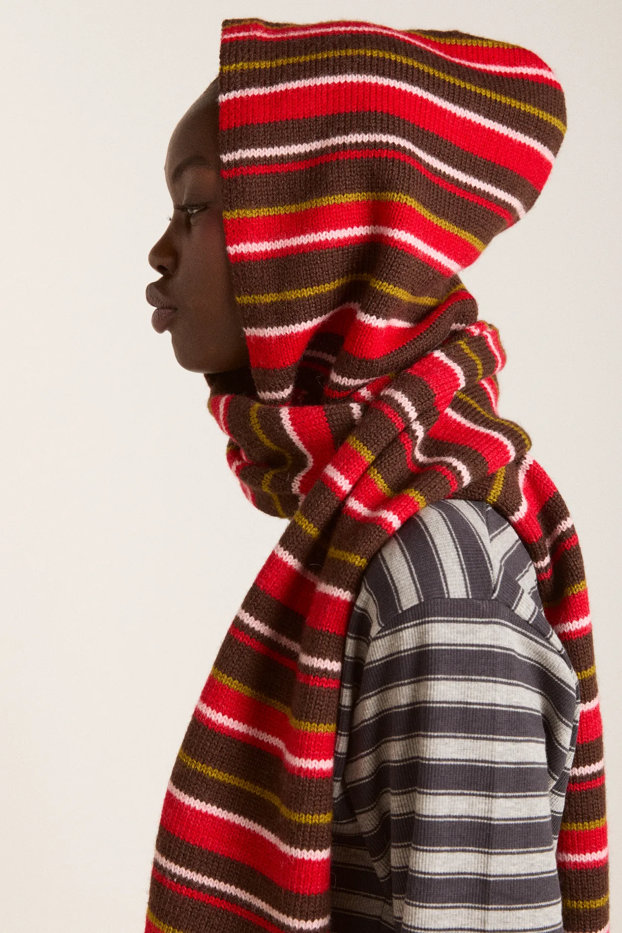 hooded scarf - choc multi stripe sold by Damson Madder product image thumbnail 2