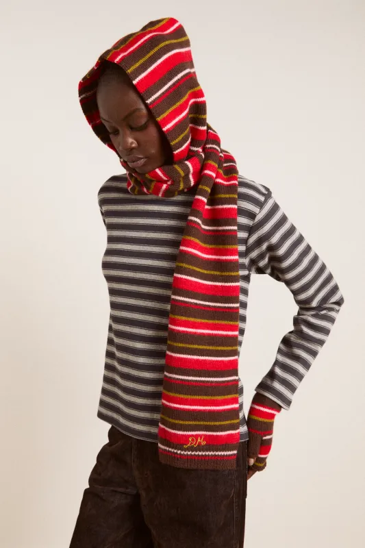 hooded scarf - choc multi stripe sold by Damson Madder