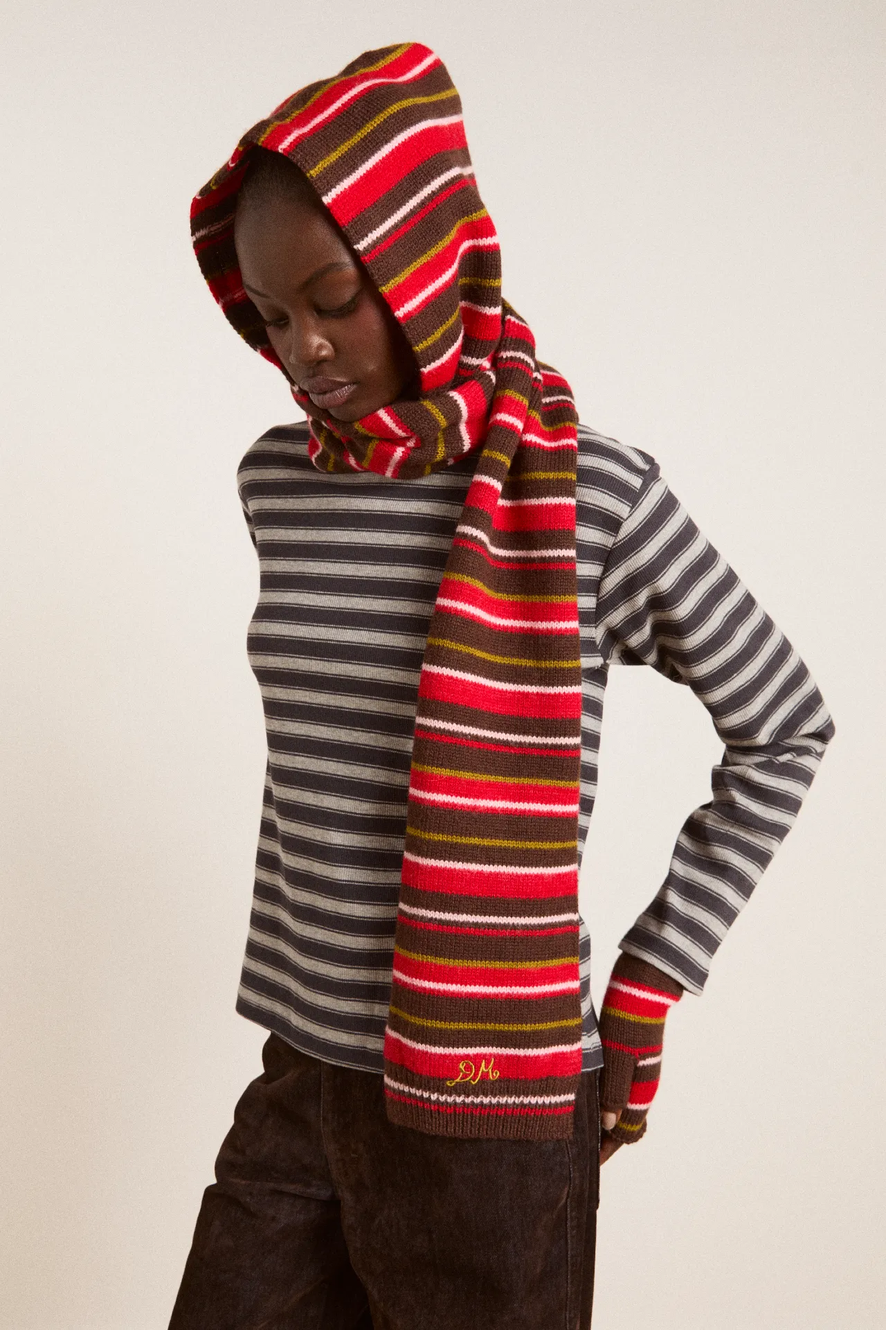 hooded scarf - choc multi stripe sold by Damson Madder