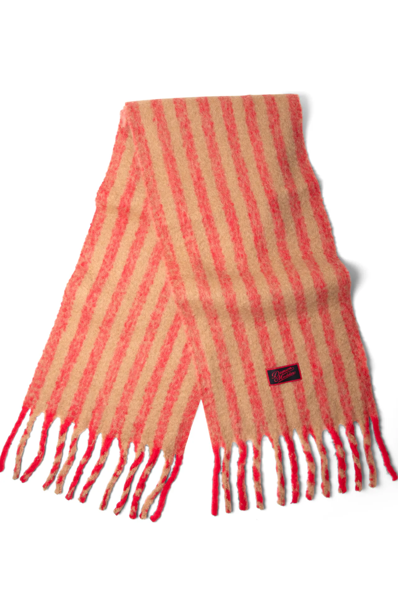 fluffy stripe scarf in red & camel stripe sold by Damson Madder