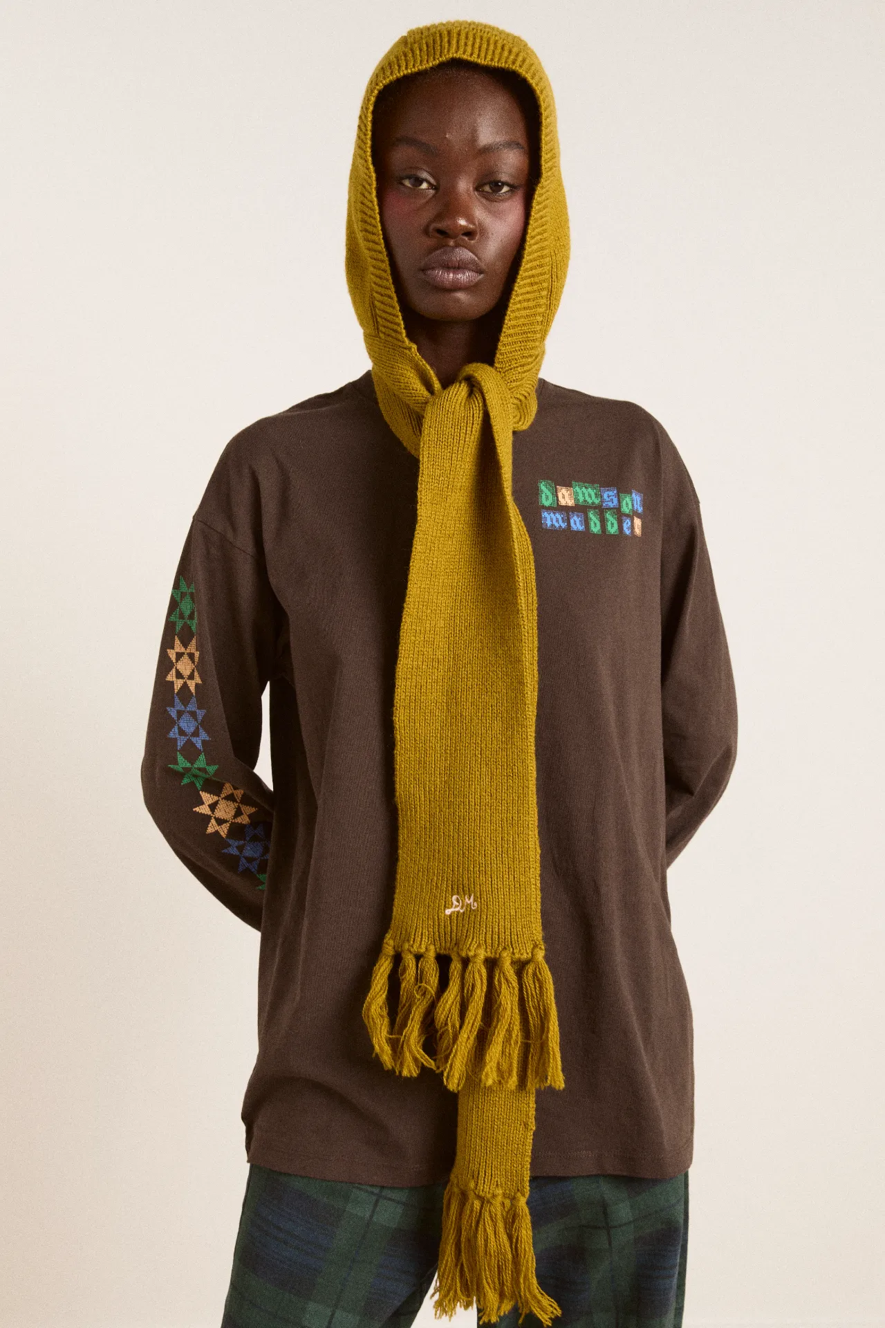 tassel hooded scarf - olive sold by Damson Madder product image thumbnail 3
