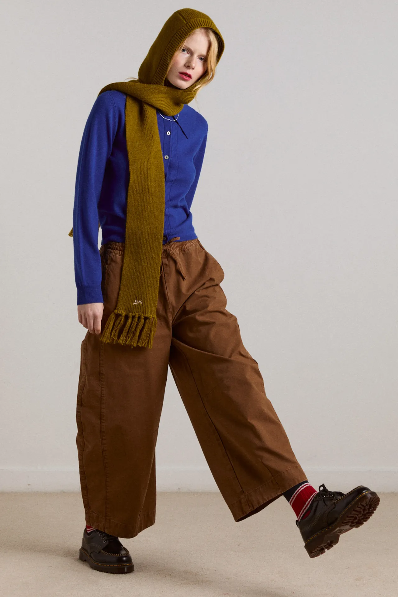 tassel hooded scarf - olive sold by Damson Madder