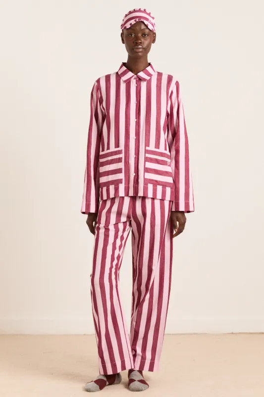 florie pj set - burg/pink wide stripe sold by Damson Madder