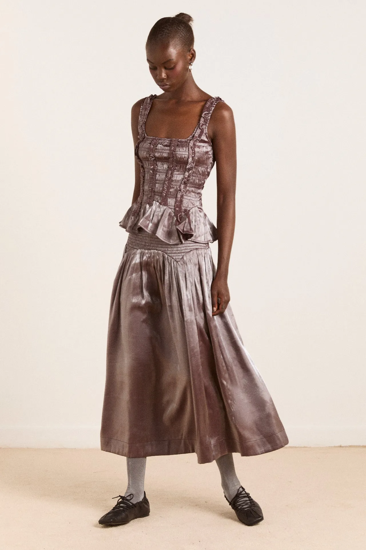 layla midi skirt - glass satin sold by Damson Madder