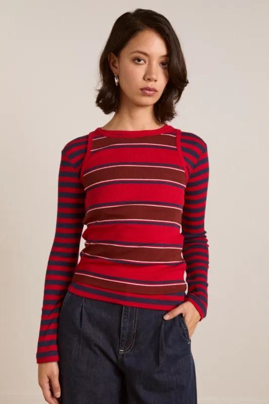 manon layered ls tee red stripe sold by Damson Madder
