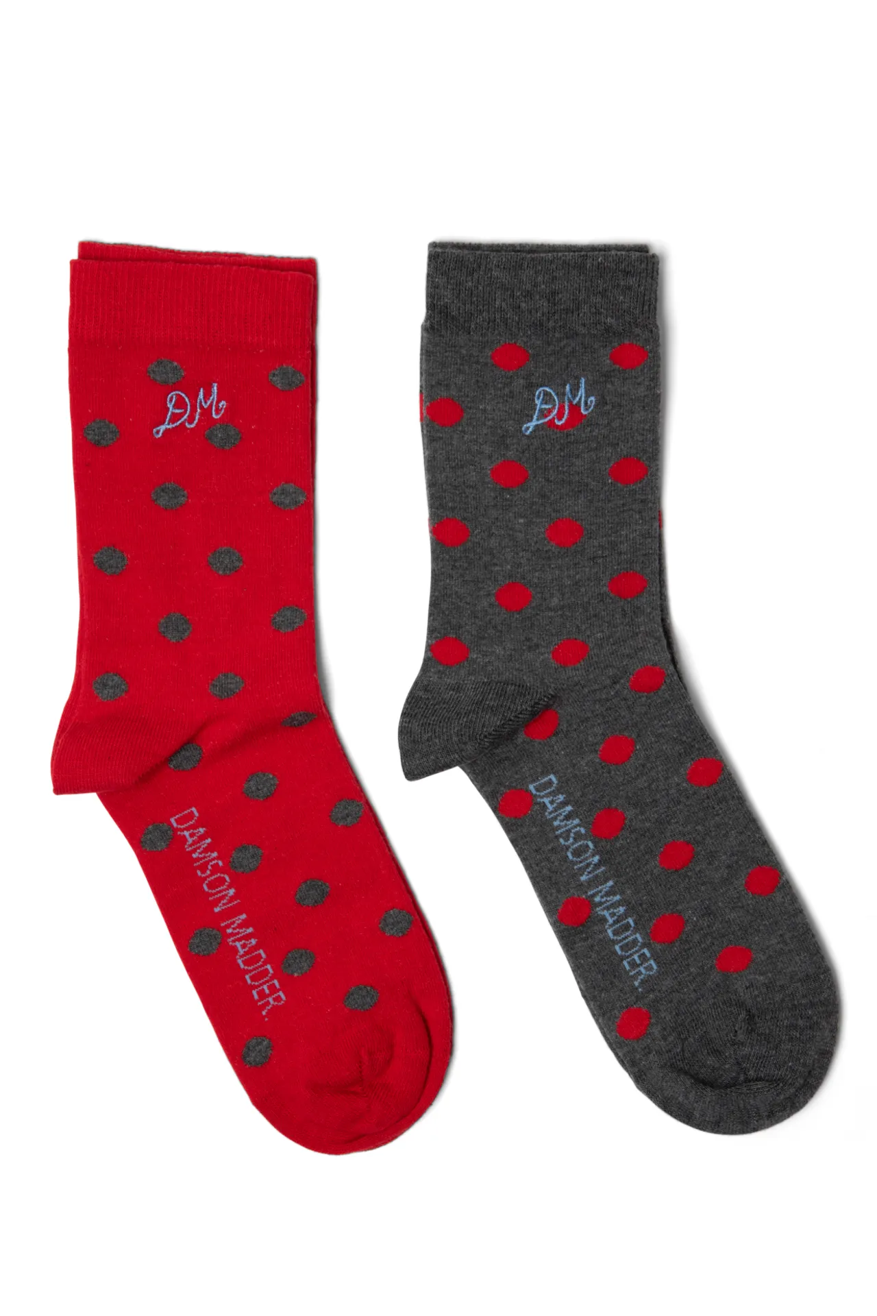 2 pack socks in red & charcoal spot sold by Damson Madder
