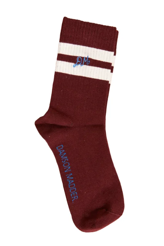sporty calf socks in burg & ecru stripe sold by Damson Madder