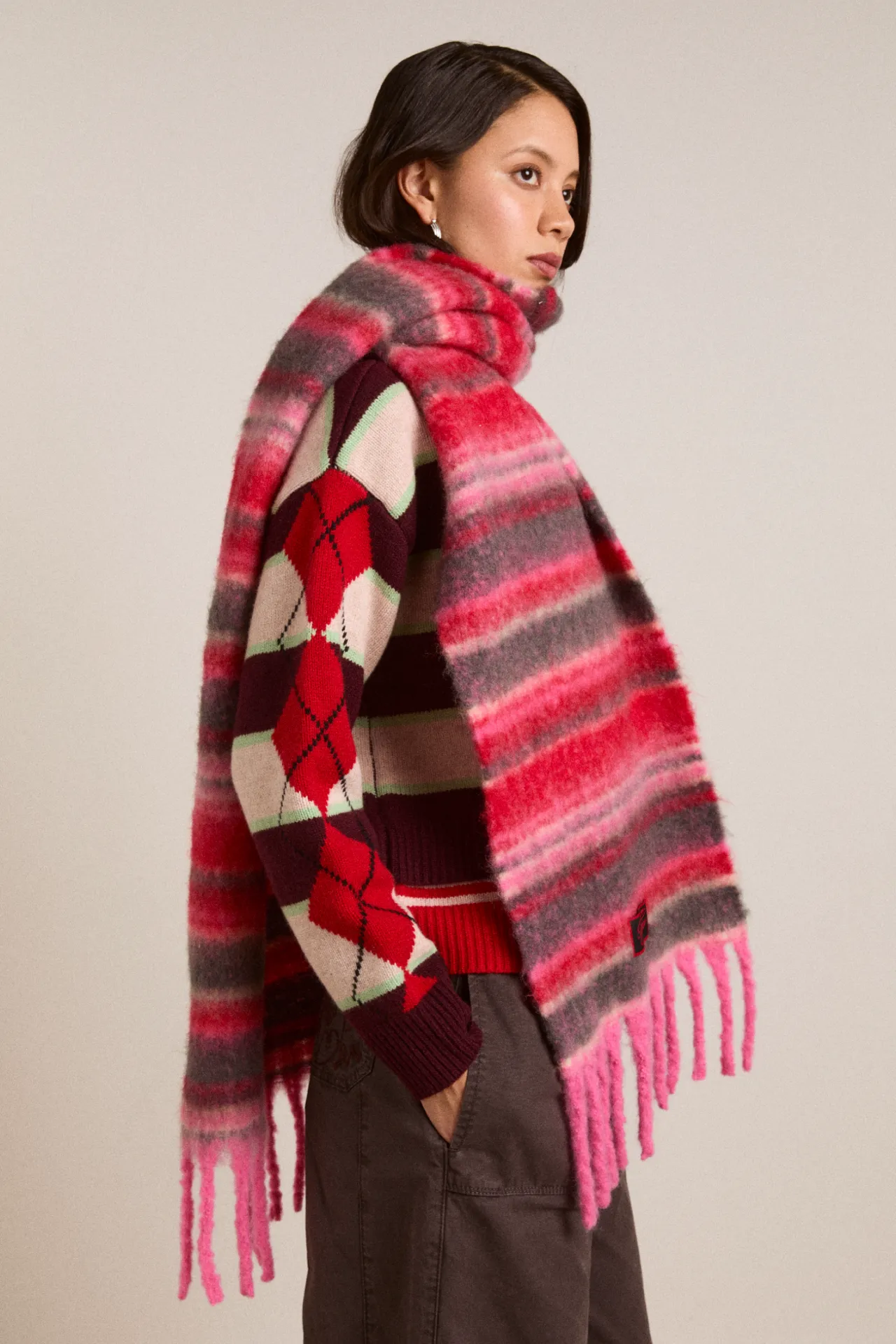 brushed oversized scarf in pink pop stripe sold by Damson Madder product image thumbnail 2