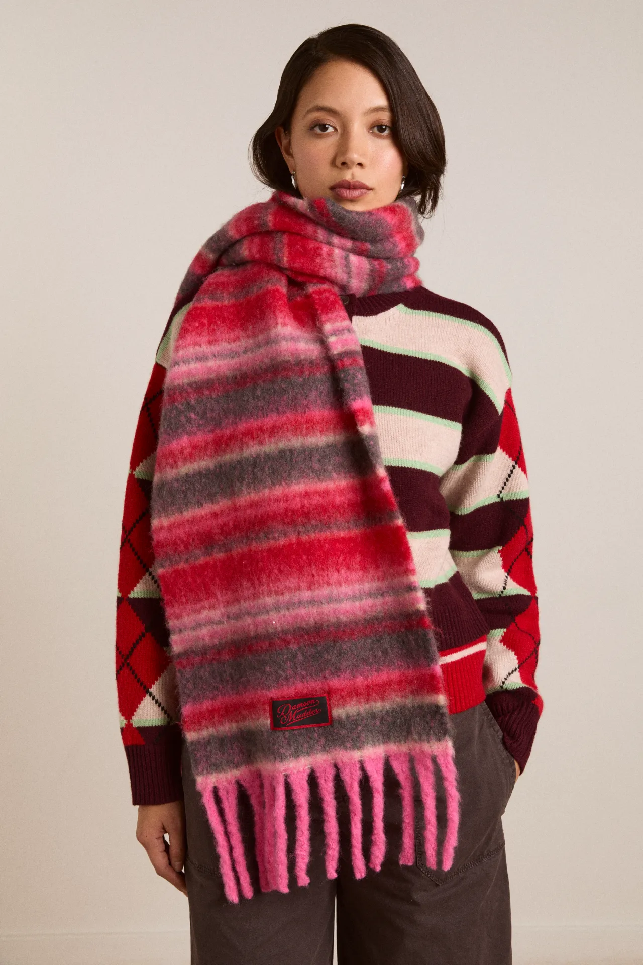brushed oversized scarf in pink pop stripe sold by Damson Madder