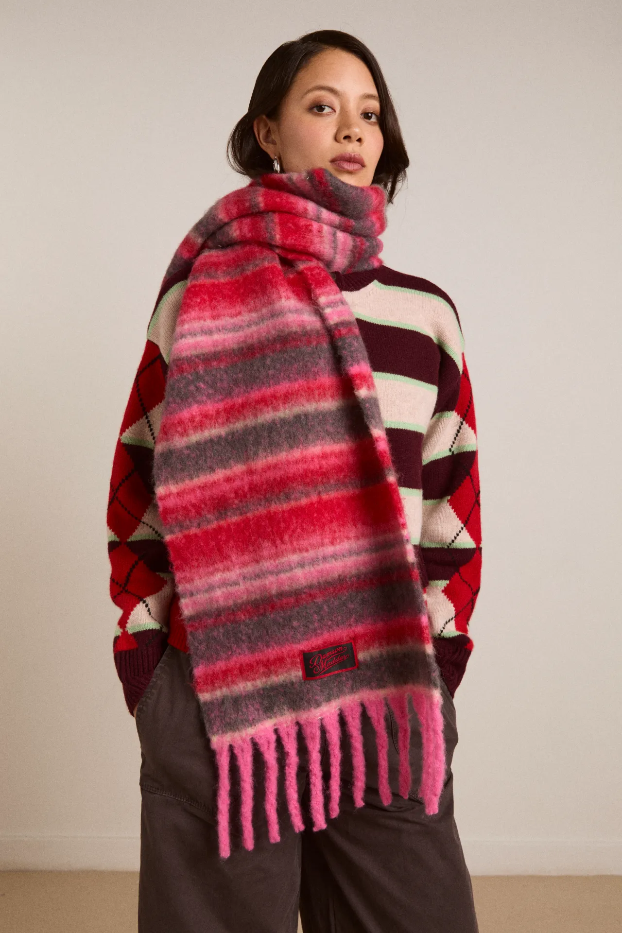 brushed oversized scarf in pink pop stripe sold by Damson Madder product image thumbnail 3