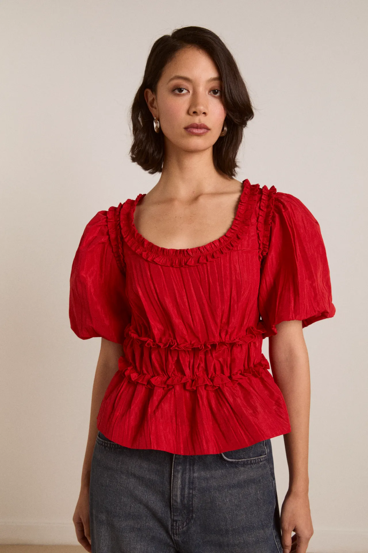 everly ruffle blouse red tafetta sold by Damson Madder