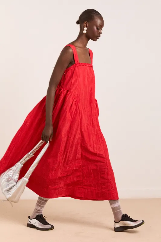 elina midi dress red tafetta sold by Damson Madder