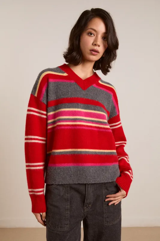 rene merino wool v jumper pink/red stripe sold by Damson Madder