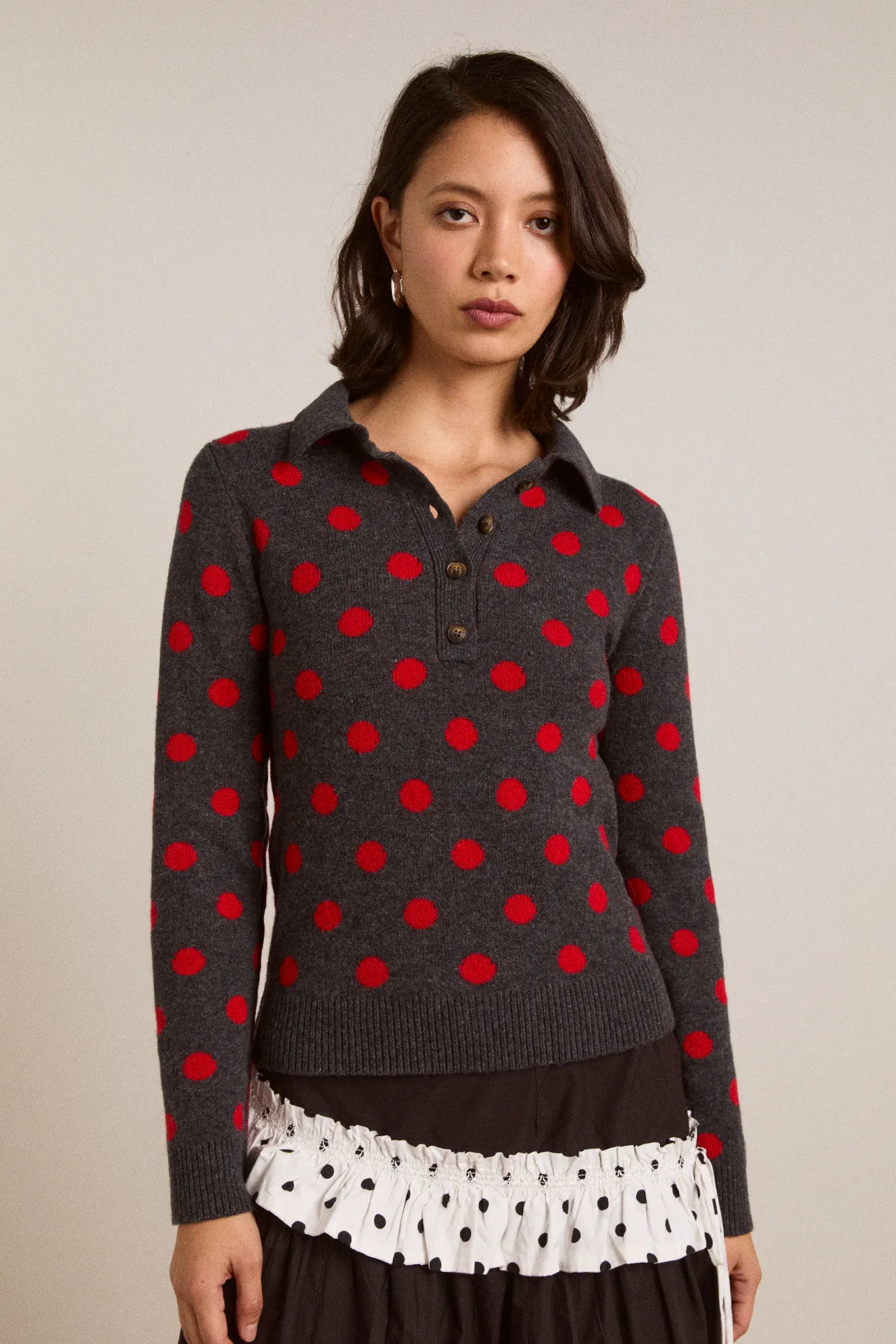 Lia Merino Wool Reversible Polo Jumper - Red/Grey Spot sold by Damson Madder product image thumbnail 2