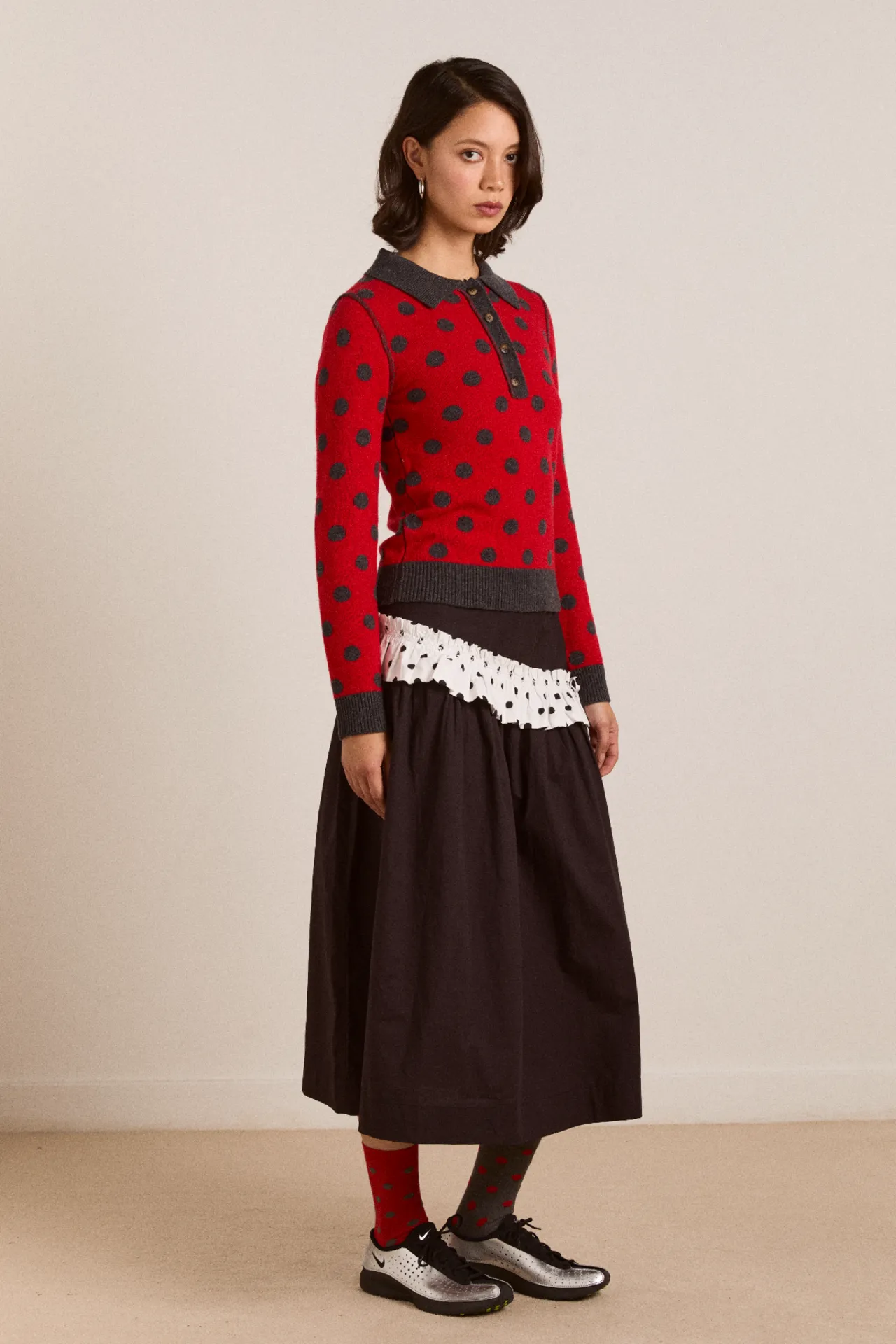 Lia Merino Wool Reversible Polo Jumper - Red/Grey Spot sold by Damson Madder product image thumbnail 4