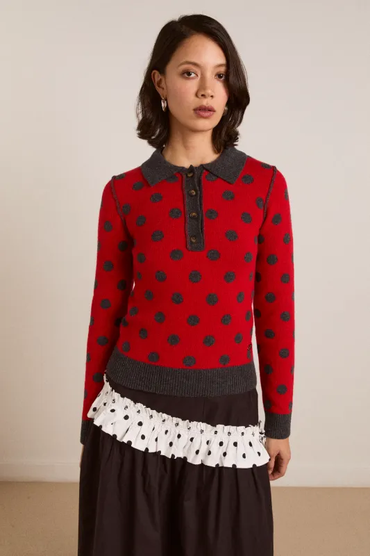 lia merino wool reversible polo jumper - red/grey spot sold by Damson Madder