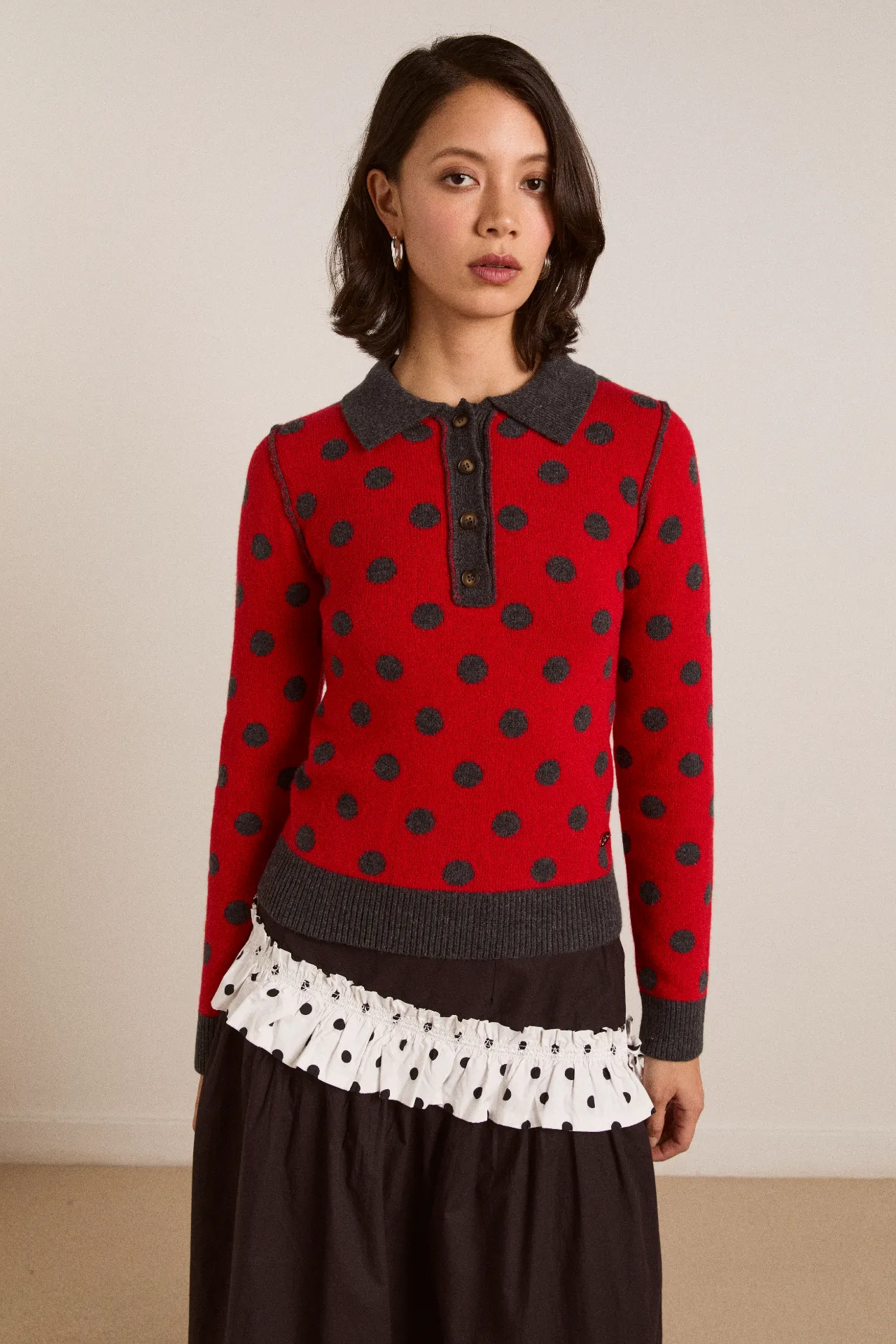 Lia Merino Wool Reversible Polo Jumper - Red/Grey Spot sold by Damson Madder