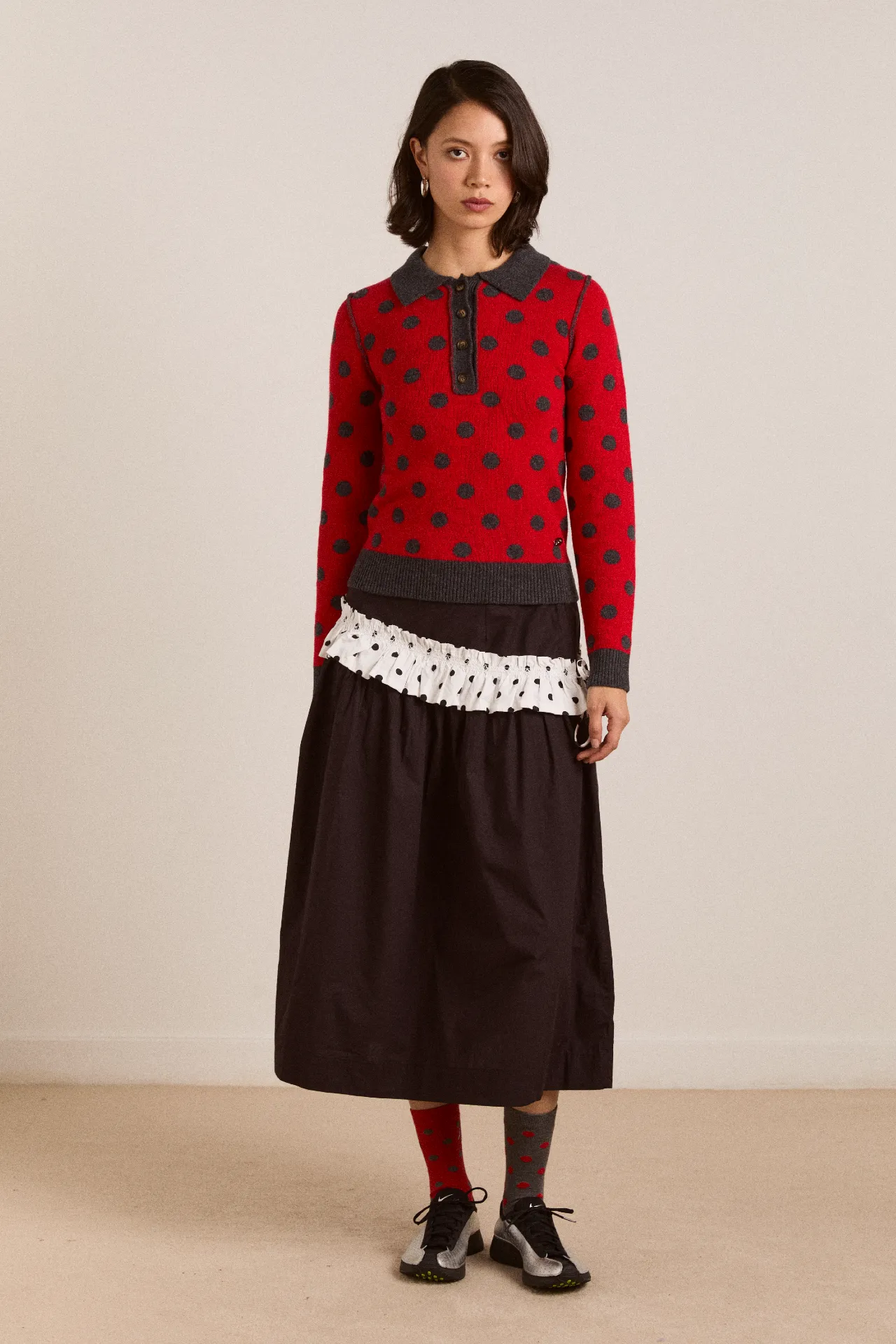 Lia Merino Wool Reversible Polo Jumper - Red/Grey Spot sold by Damson Madder product image thumbnail 3