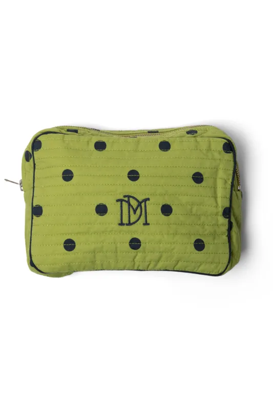 makeup bag- olive/navy spot sold by Damson Madder