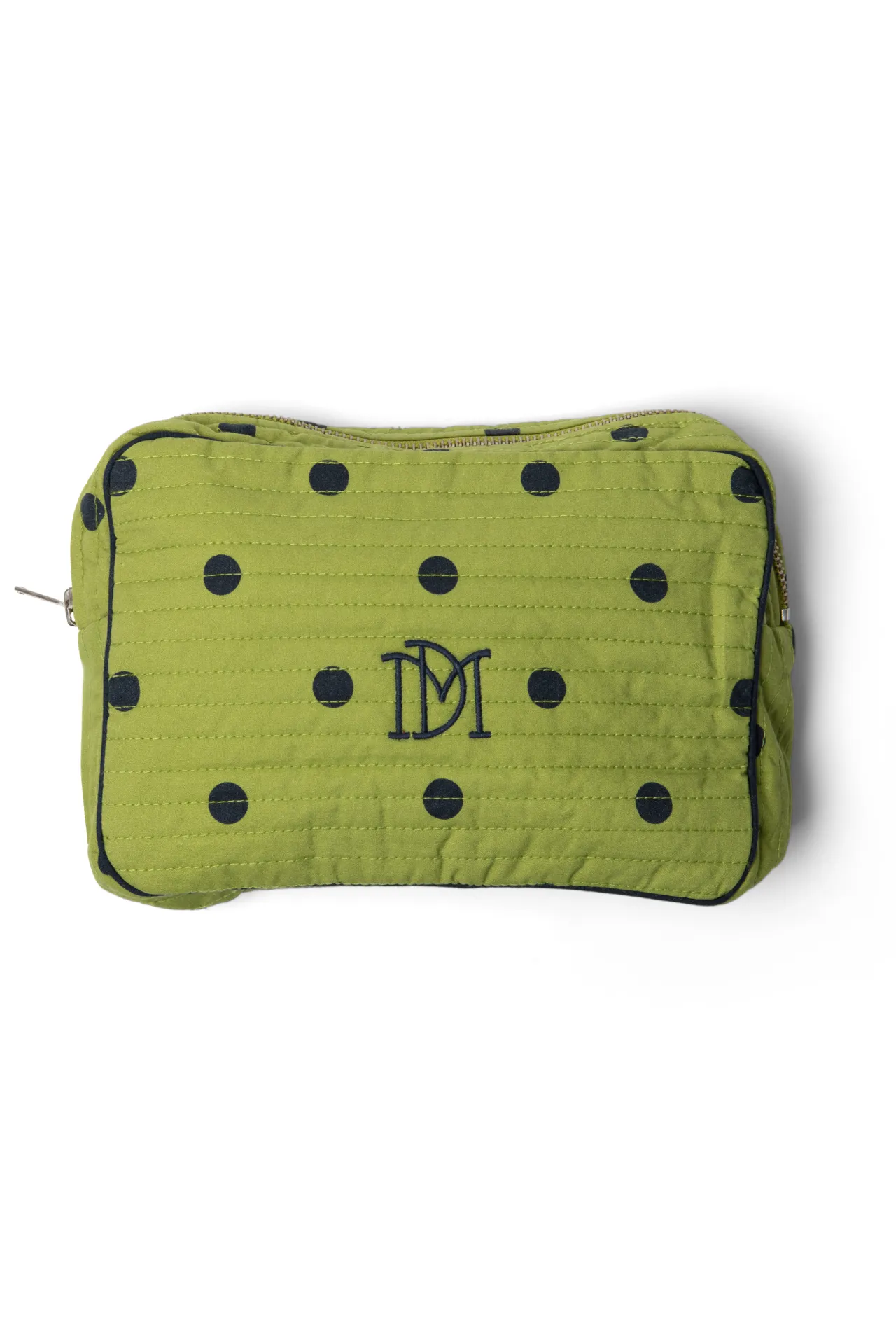 makeup bag- olive/navy spot sold by Damson Madder