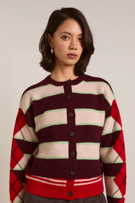 didi merino wool double cardigan - burg argyle & stripe sold by Damson Madder