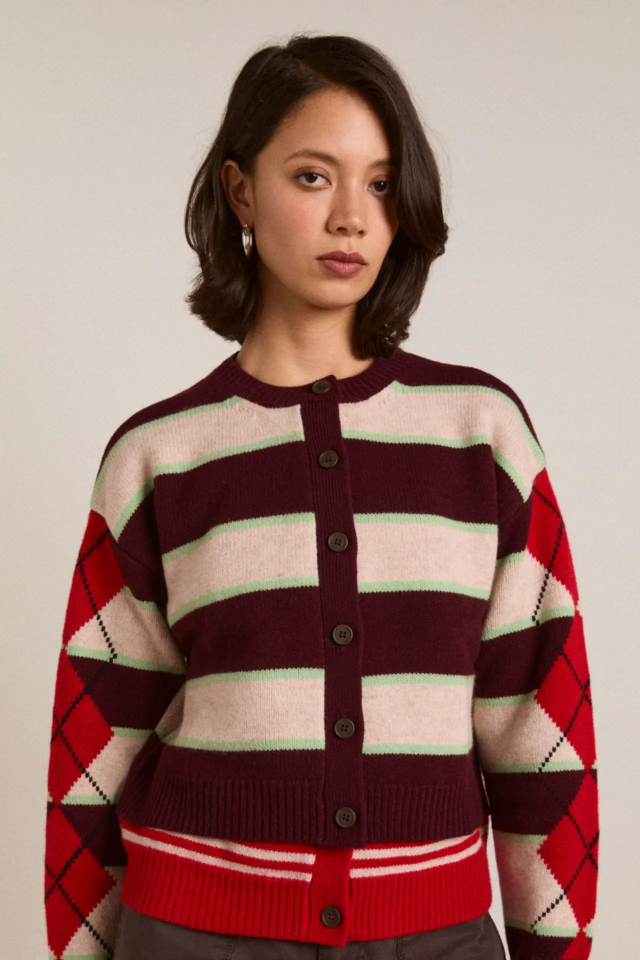 Didi Merino Wool Double Cardigan - Burg Argyle & Stripe sold by Damson Madder