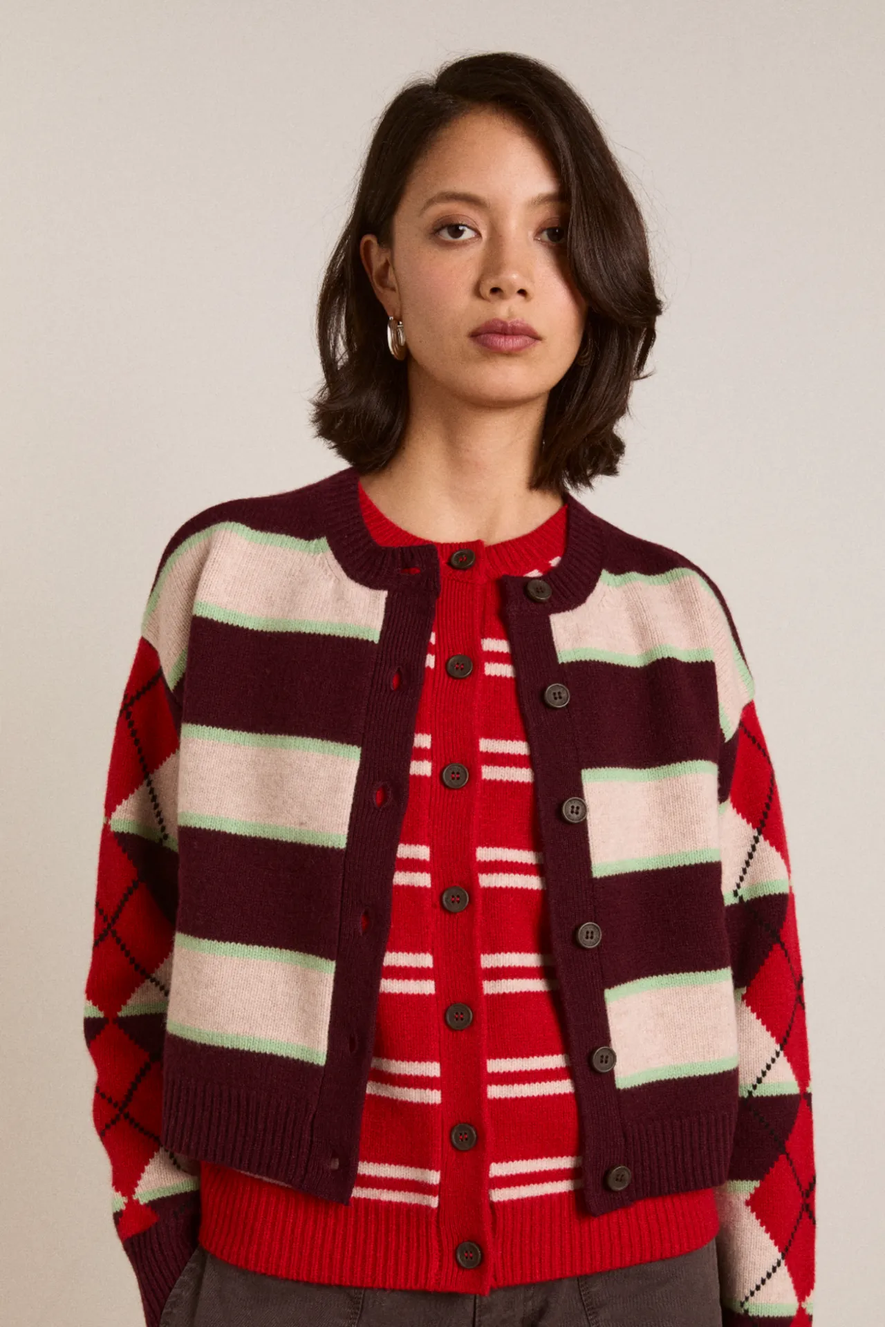 Didi Merino Wool Double Cardigan - Burg Argyle & Stripe sold by Damson Madder product image thumbnail 2