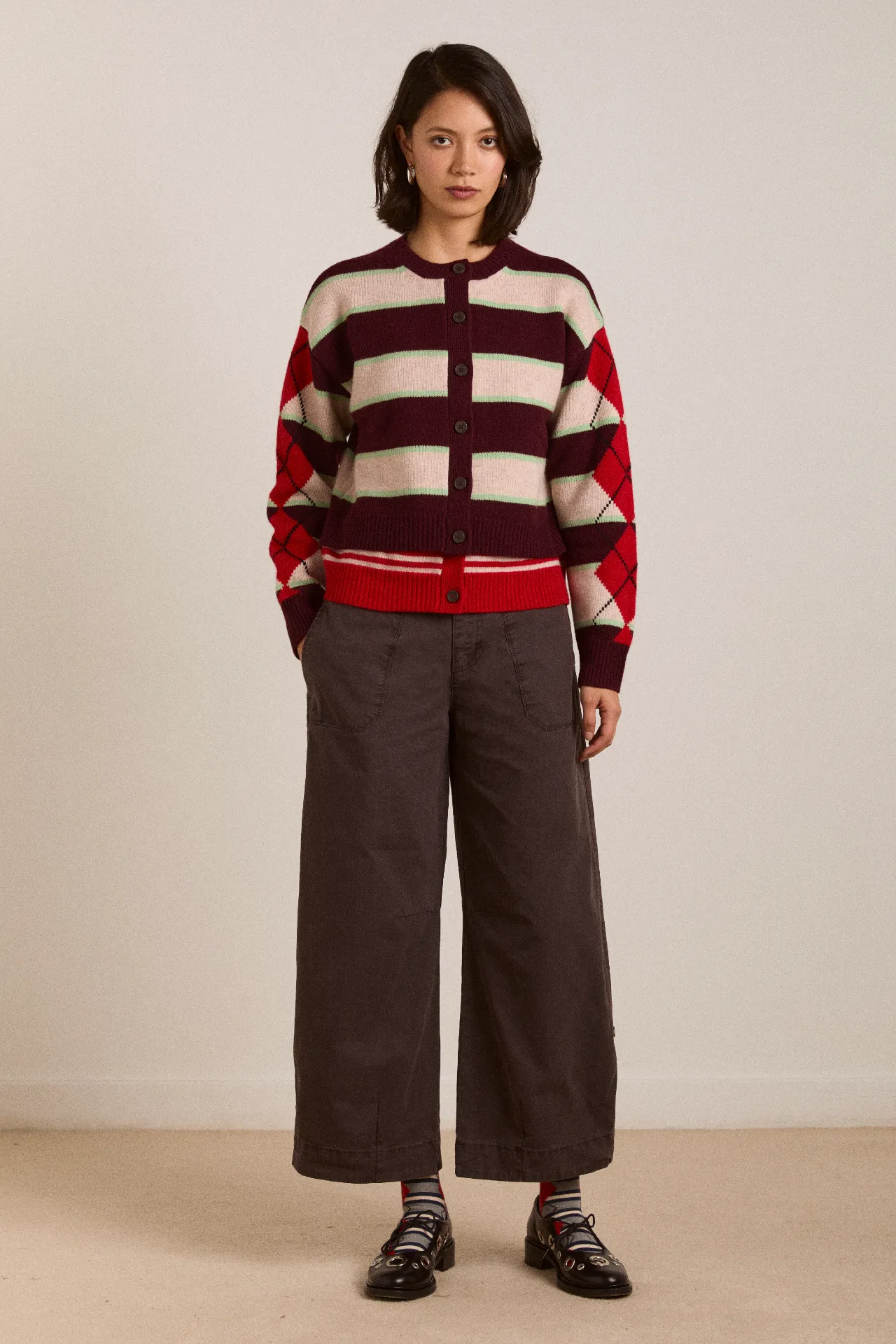 Didi Merino Wool Double Cardigan - Burg Argyle & Stripe sold by Damson Madder product image thumbnail 3