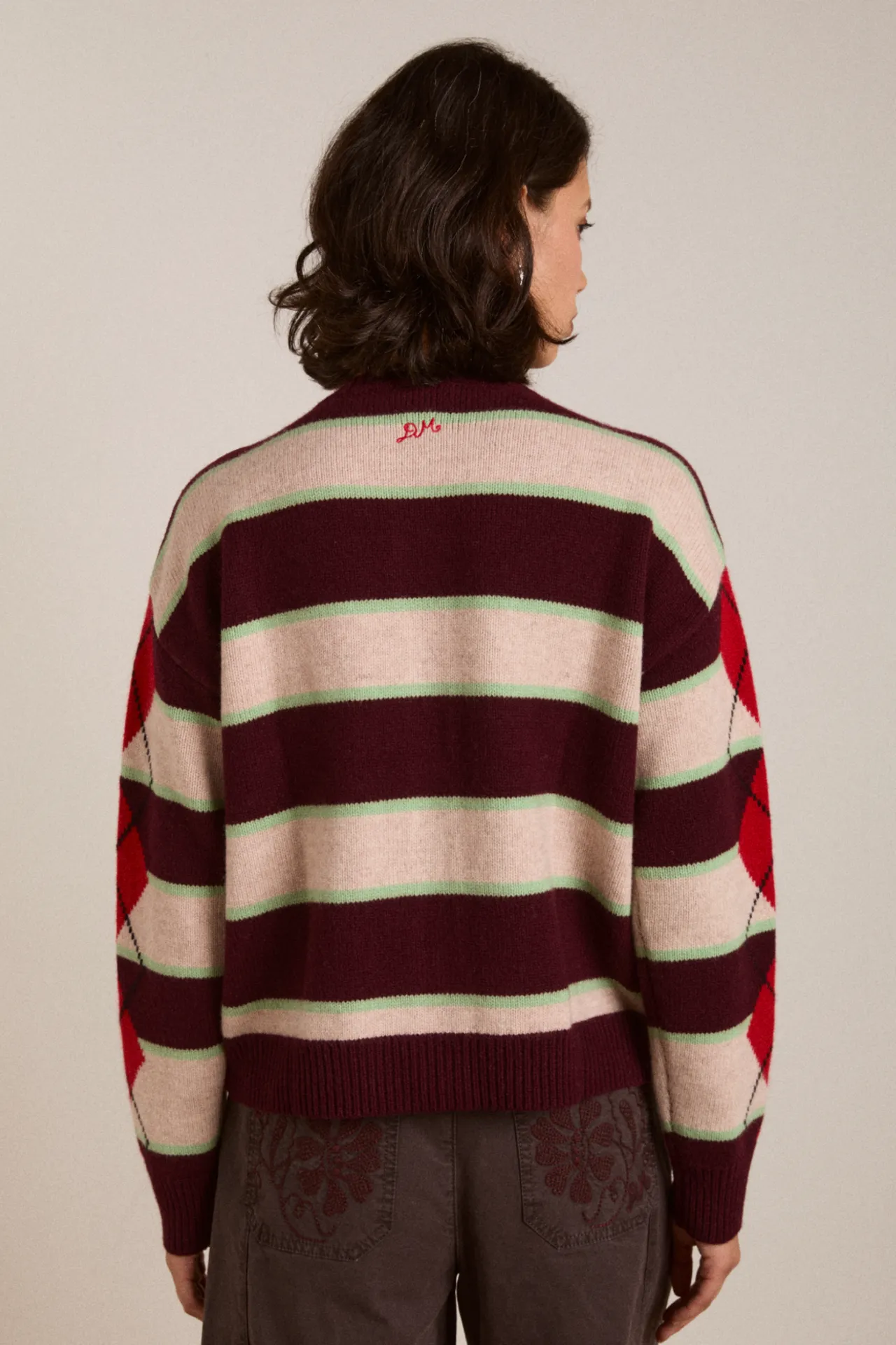 Didi Merino Wool Double Cardigan - Burg Argyle & Stripe sold by Damson Madder product image thumbnail 4