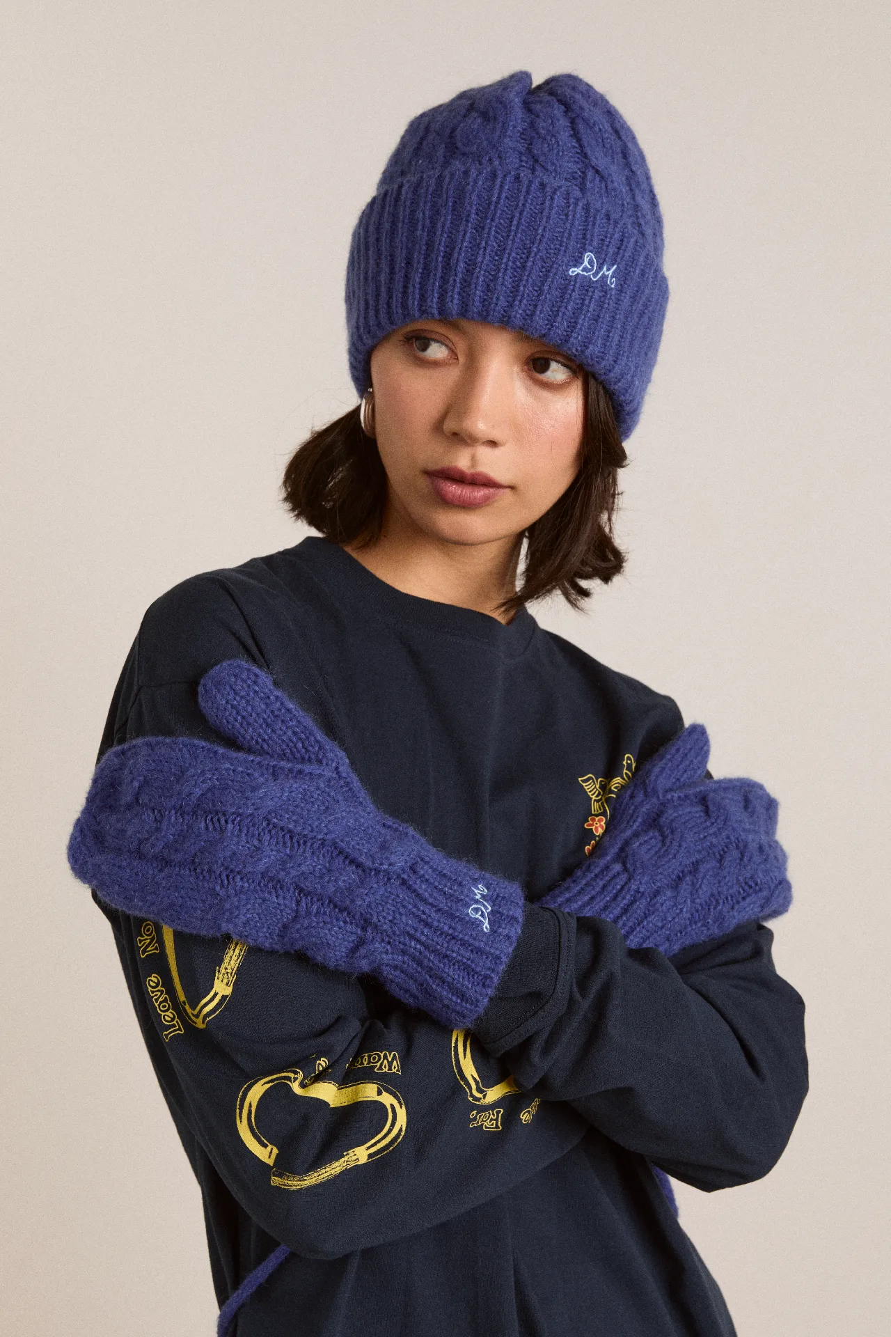 cable knit string mittens - cobalt blue sold by Damson Madder product image thumbnail 3