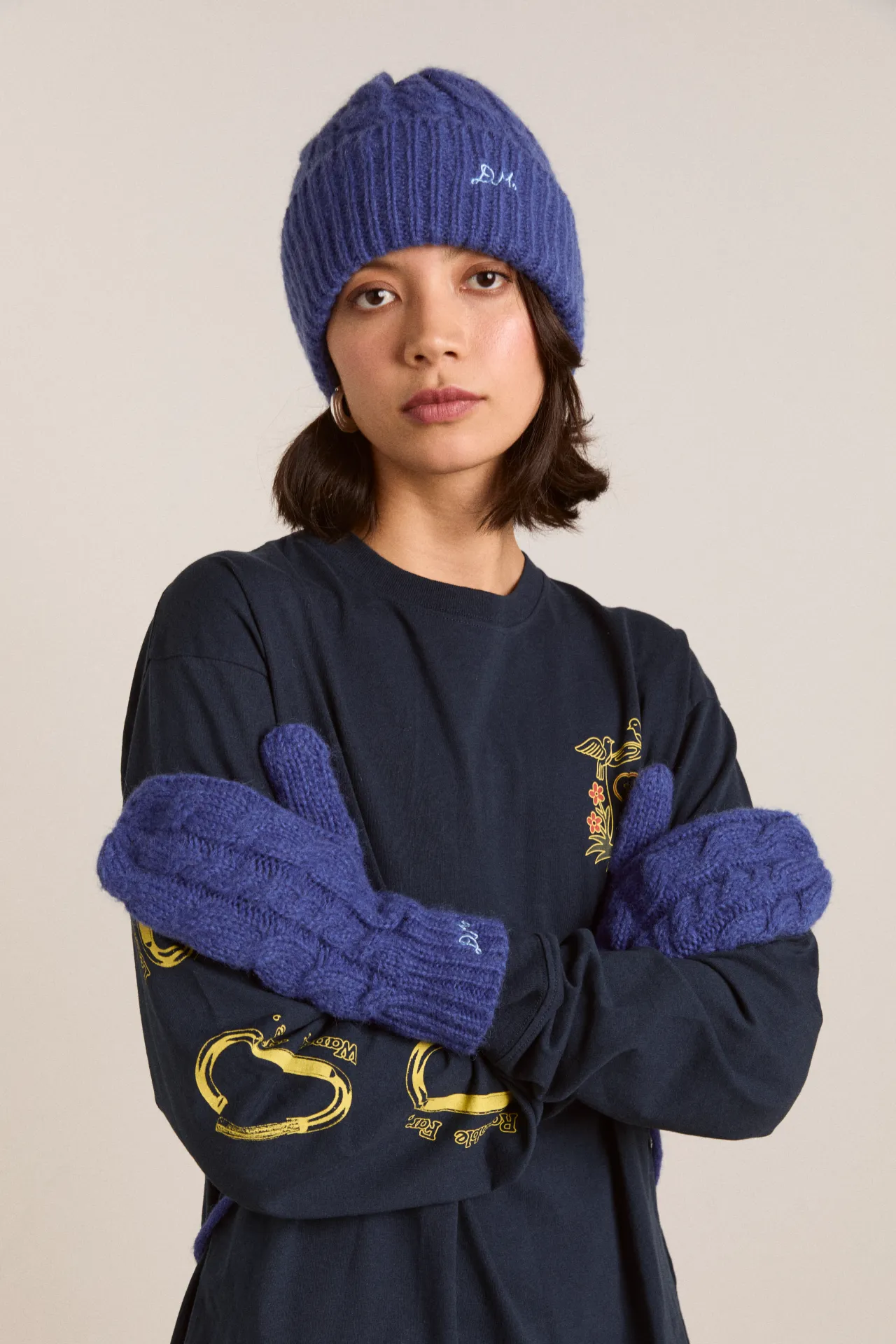 cable knit string mittens - cobalt blue sold by Damson Madder