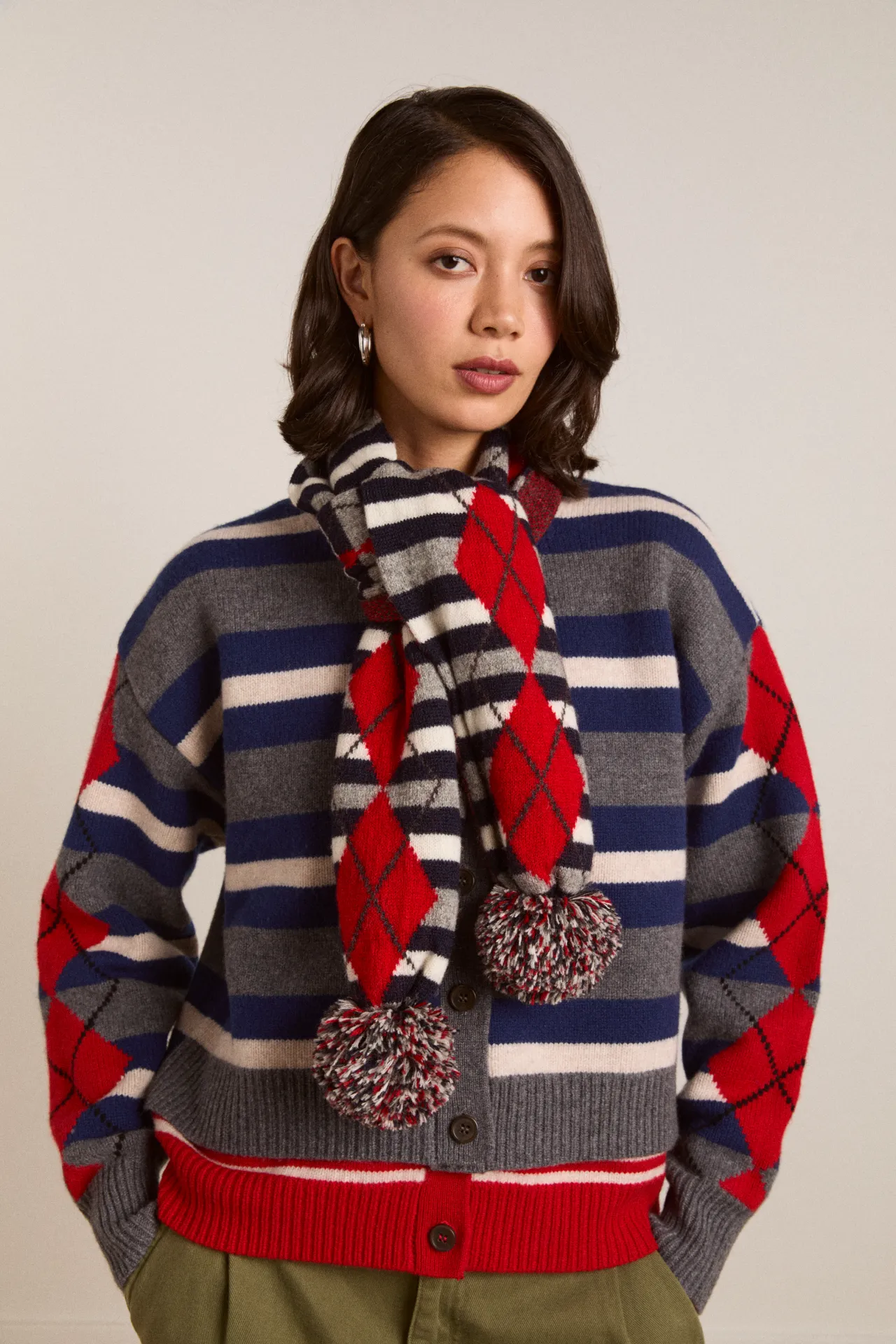 pom pom scarf - argyle stripe sold by Damson Madder