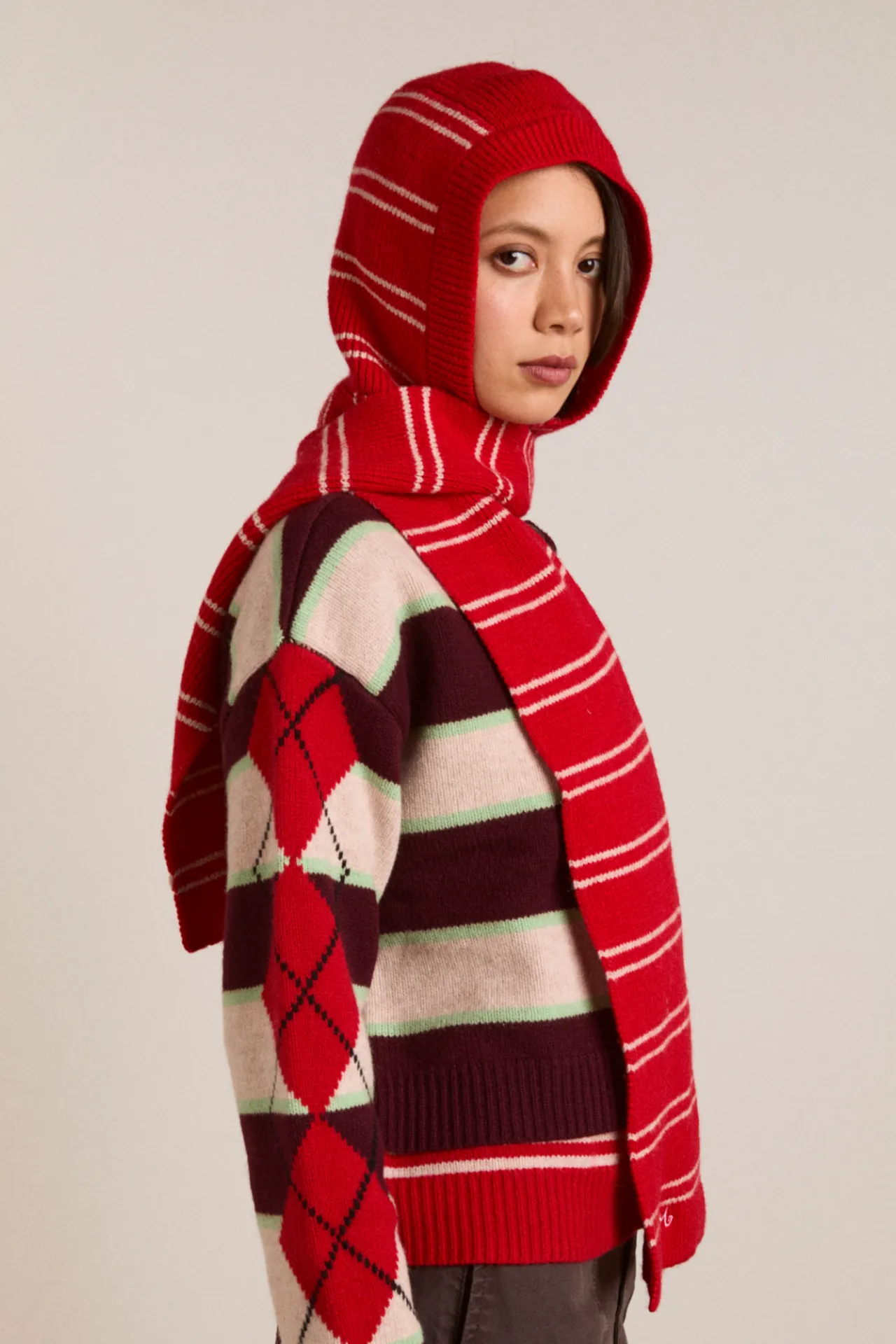 hooded scarf - red & oatmeal stripe sold by Damson Madder product image thumbnail 2