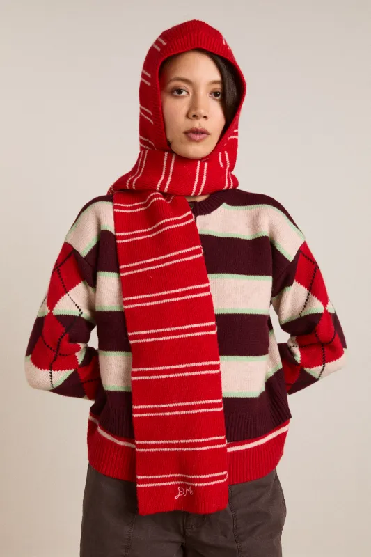 hooded scarf - red & oatmeal stripe sold by Damson Madder