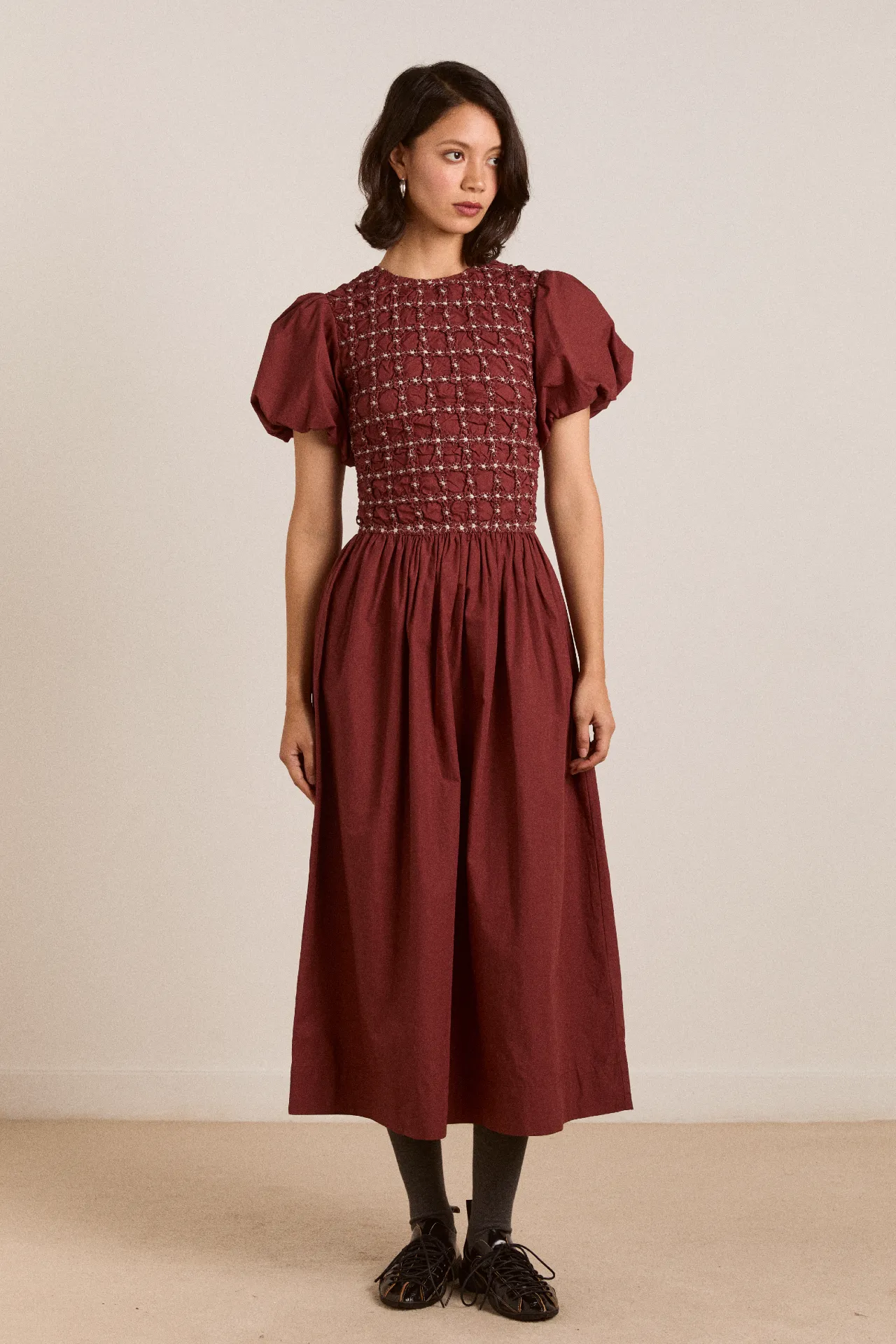 audrey midi dress - burg/butter stitching sold by Damson Madder product image thumbnail 2