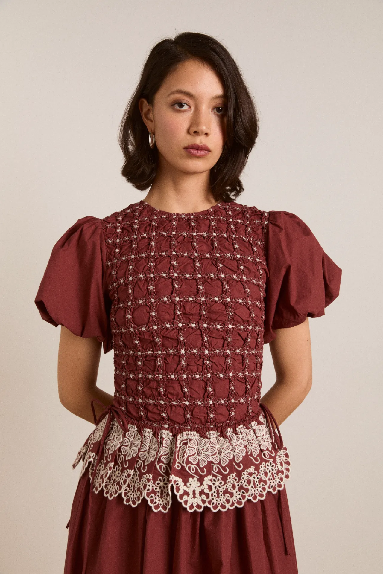 audrey midi dress - burg/butter stitching sold by Damson Madder product image thumbnail 3