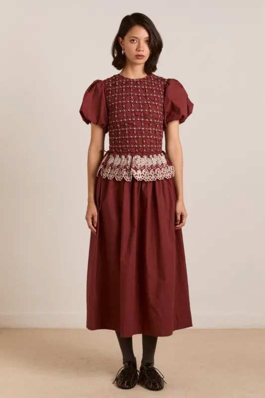 audrey midi dress - burg/butter stitching sold by Damson Madder