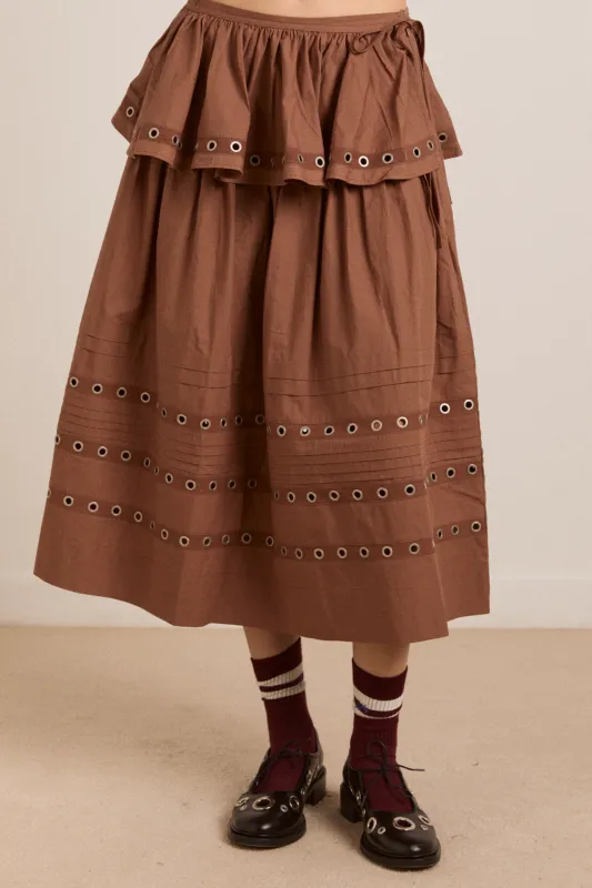 anika eyelet skirt with ruffle belt- tan sold by Damson Madder