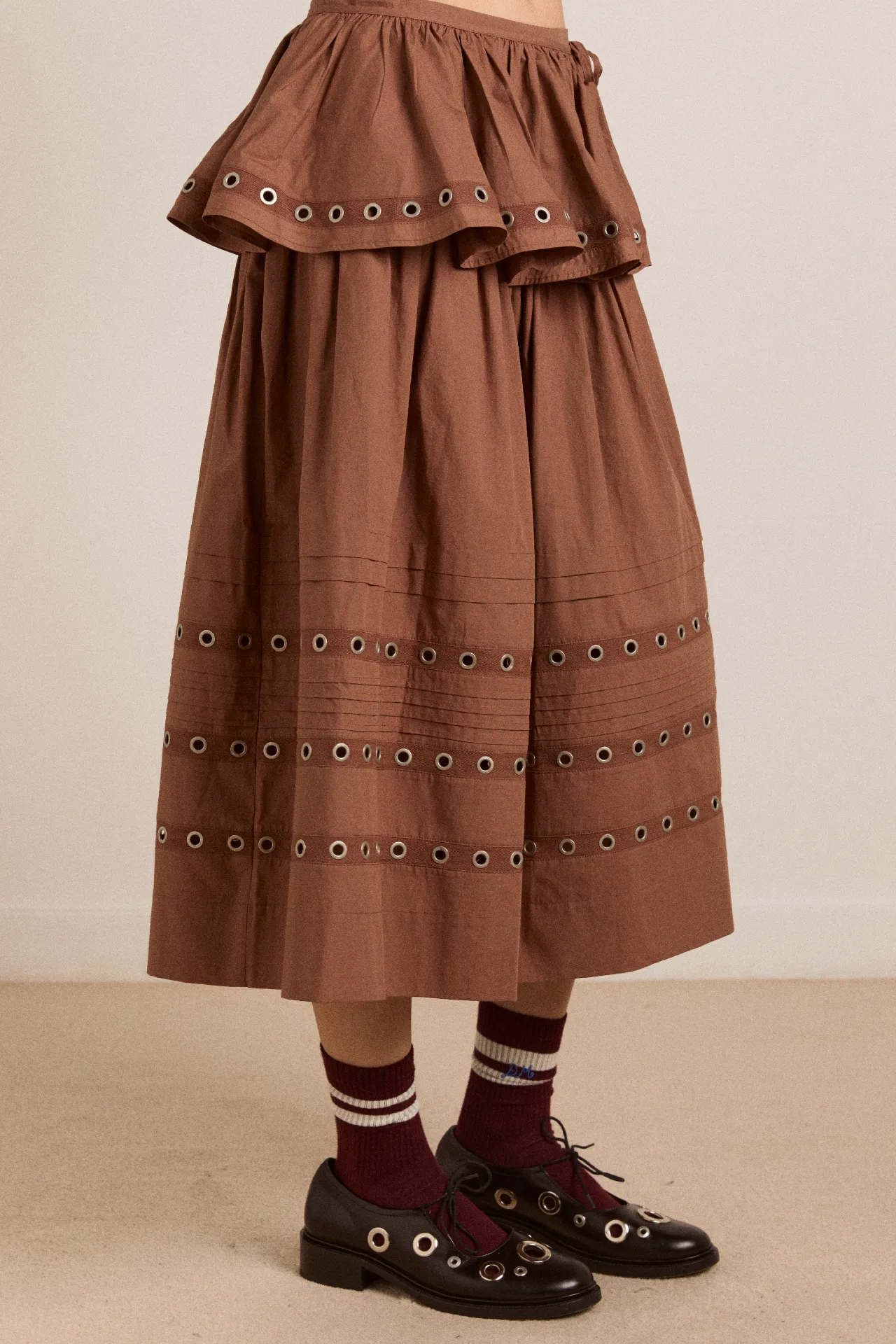anika eyelet skirt with ruffle belt- tan sold by Damson Madder product image thumbnail 4