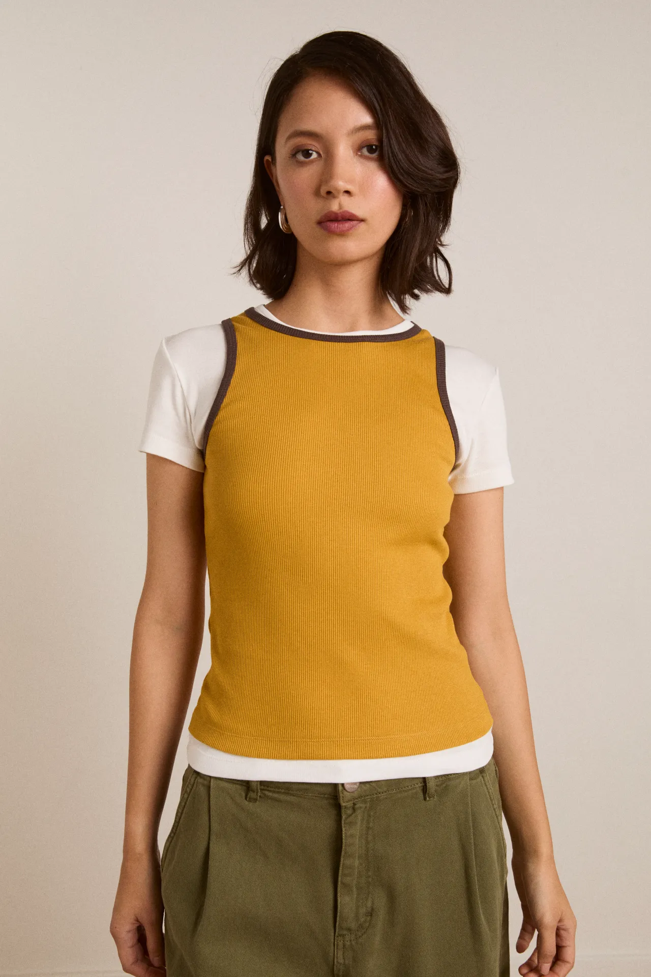 manon layered ss tee yellow/coffee bean sold by Damson Madder