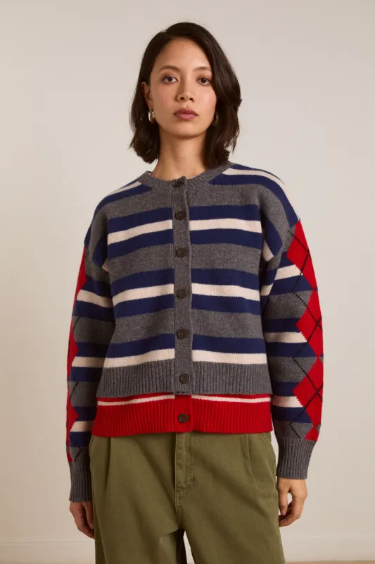 didi merino wool double cardigan - navy argyle & stripe sold by Damson Madder