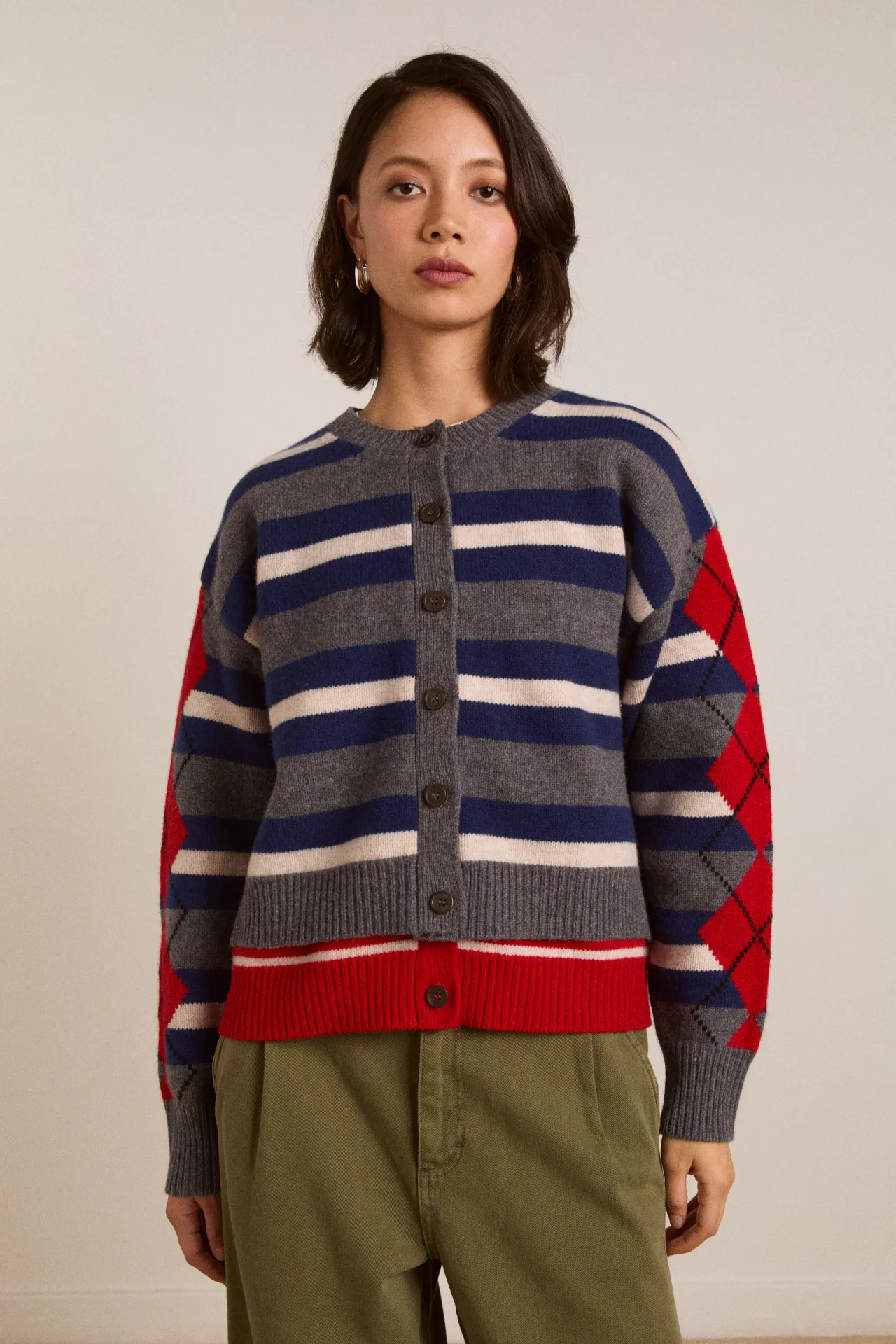 Didi Merino Wool Double Cardigan - Navy Argyle & Stripe sold by Damson Madder