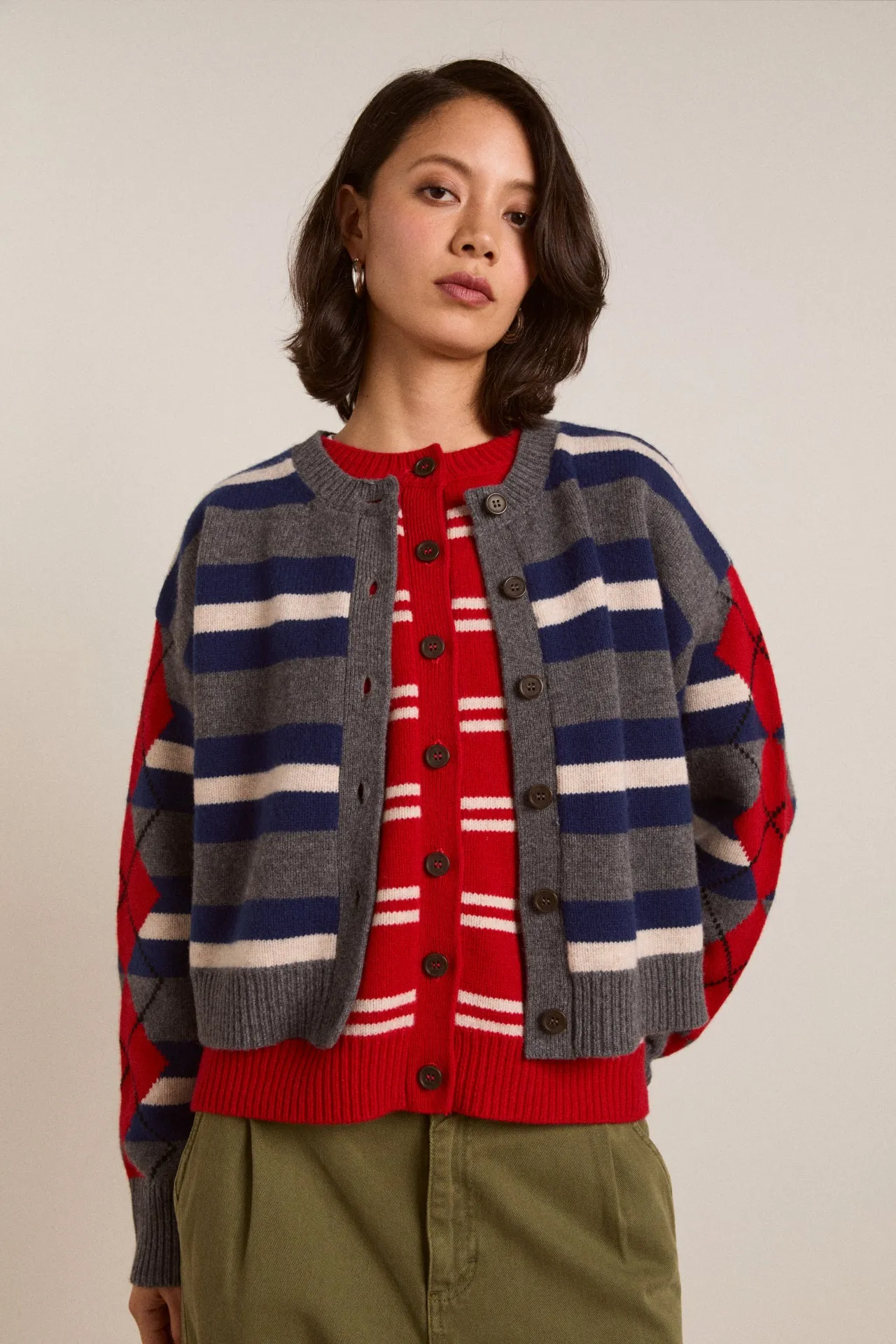 Didi Merino Wool Double Cardigan - Navy Argyle & Stripe sold by Damson Madder product image thumbnail 2