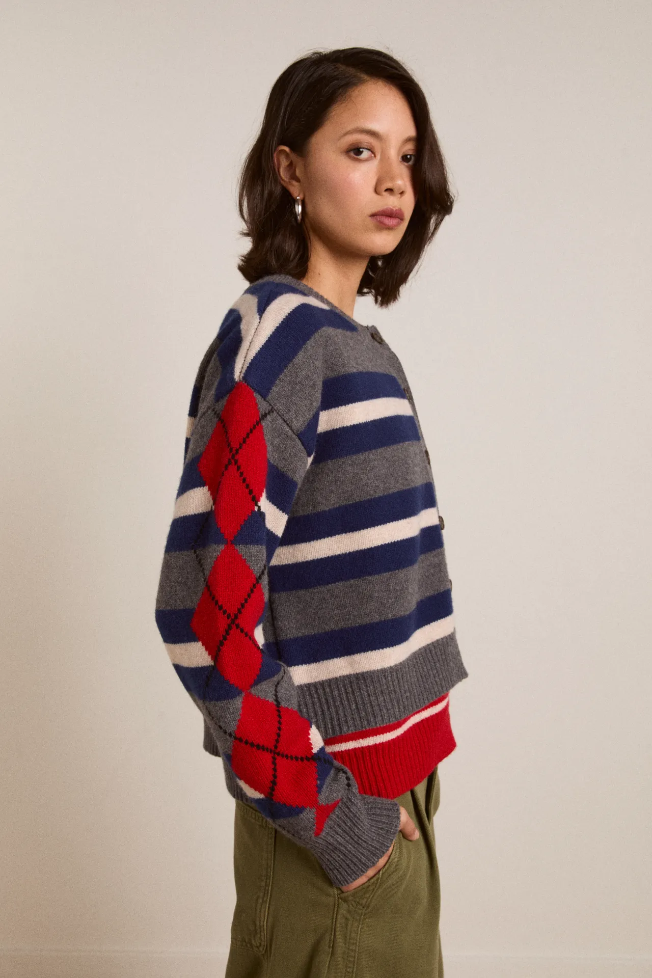 Didi Merino Wool Double Cardigan - Navy Argyle & Stripe sold by Damson Madder product image thumbnail 3