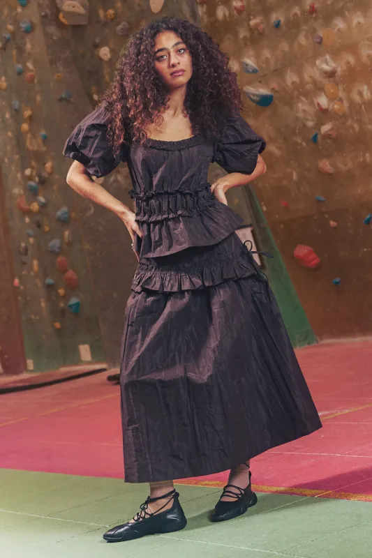 flavia midi skirt - choc taffeta sold by Damson Madder