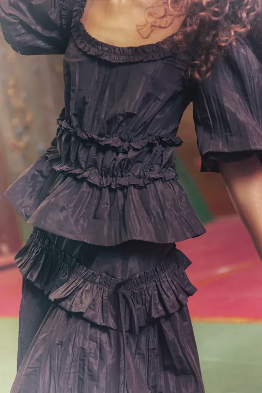 everly ruffle blouse - choc taffeta sold by Damson Madder