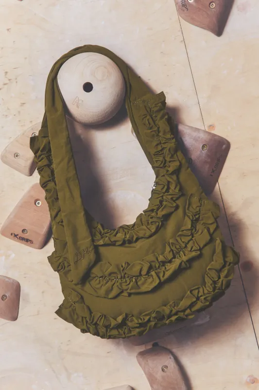 quinn ruffle bag - olive sold by Damson Madder